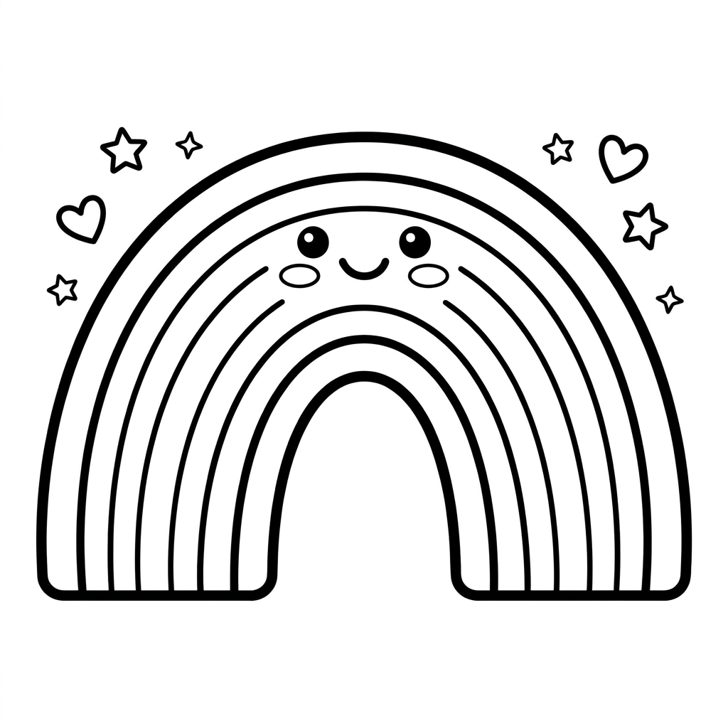 Cute kawaii rainbow coloring page with smiley face — free printable rainbow coloring page kawaii style for kids.